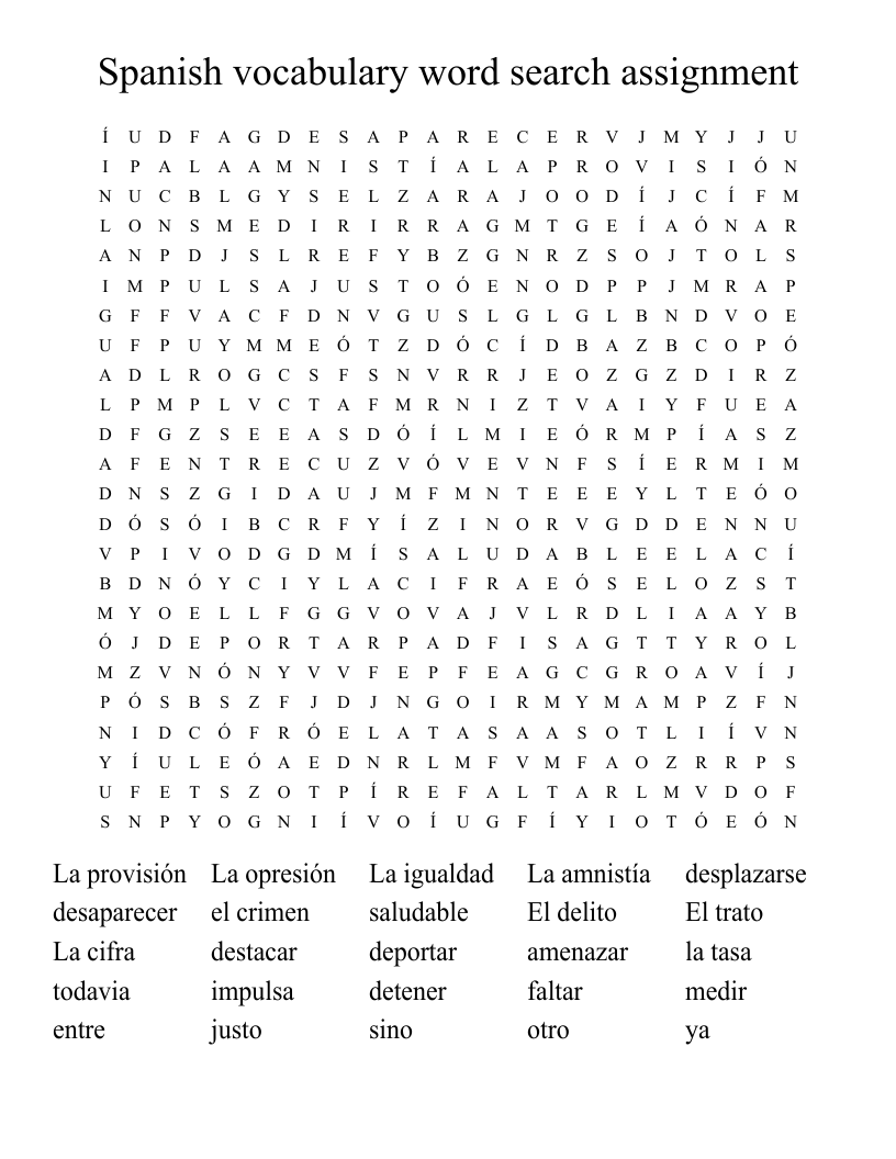 Spanish vocabulary word search assignment 