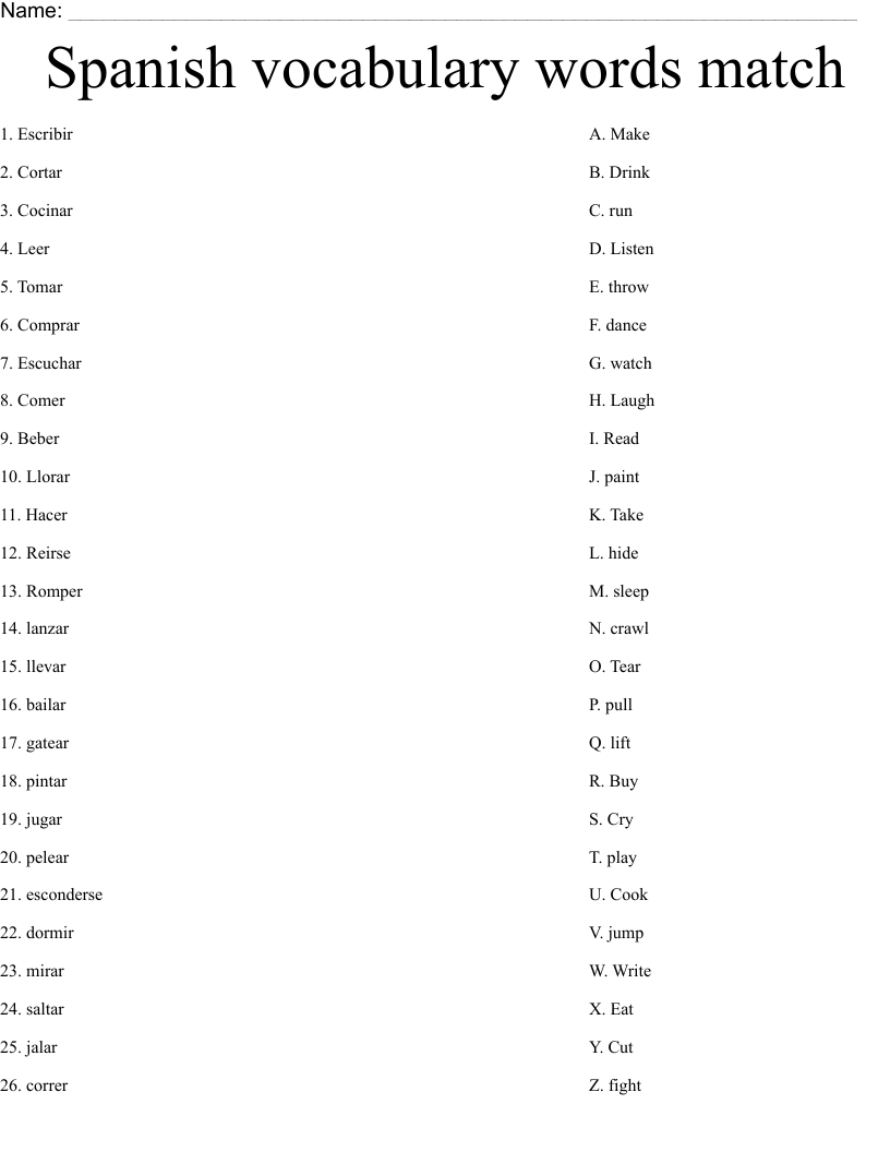 Spanish vocabulary words match Worksheet