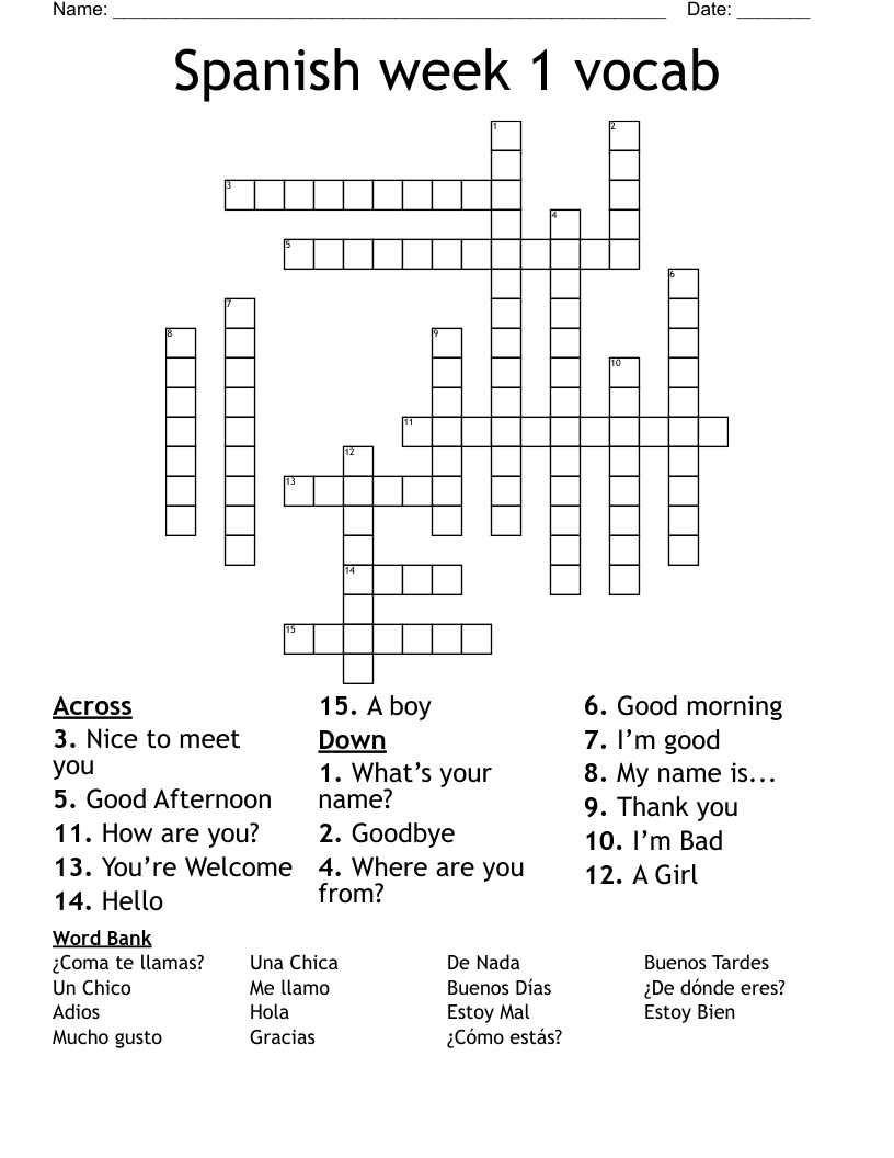 Spanish week 1 vocab Crossword