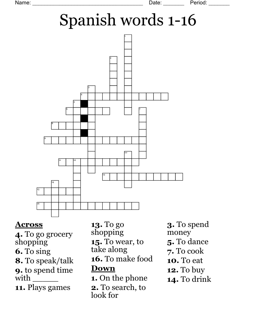 Spanish words 1-16 Crossword