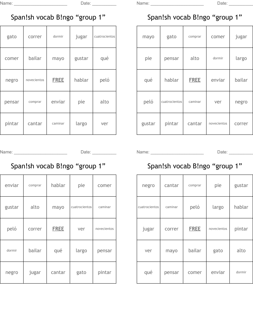 Span!sh vocab B!ngo “group 1” Bingo Cards