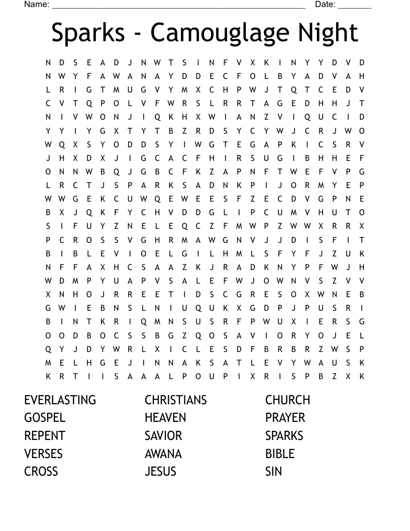 Sparks - Camouglage Night Word Search