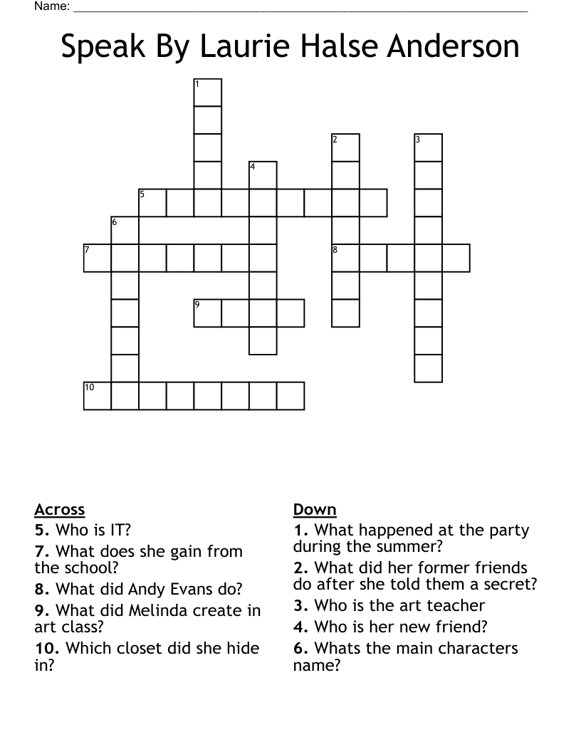 Speak By Laurie Halse Anderson Crossword