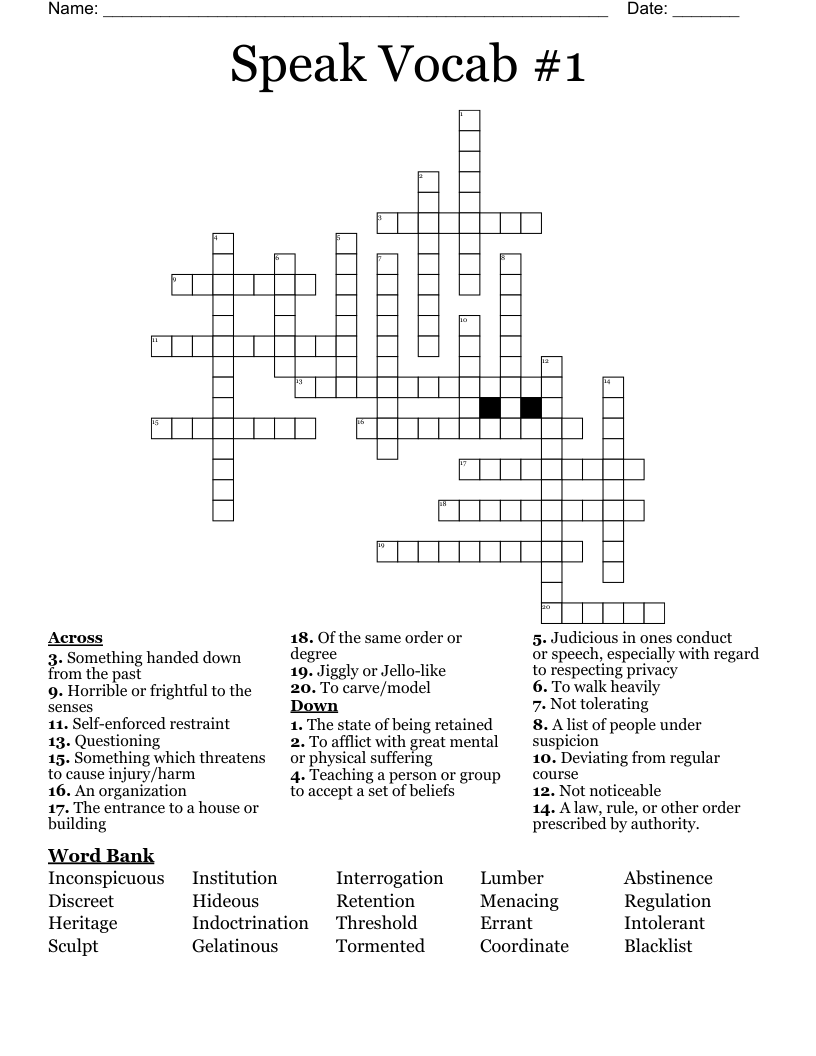 Speak Vocab #1 Crossword