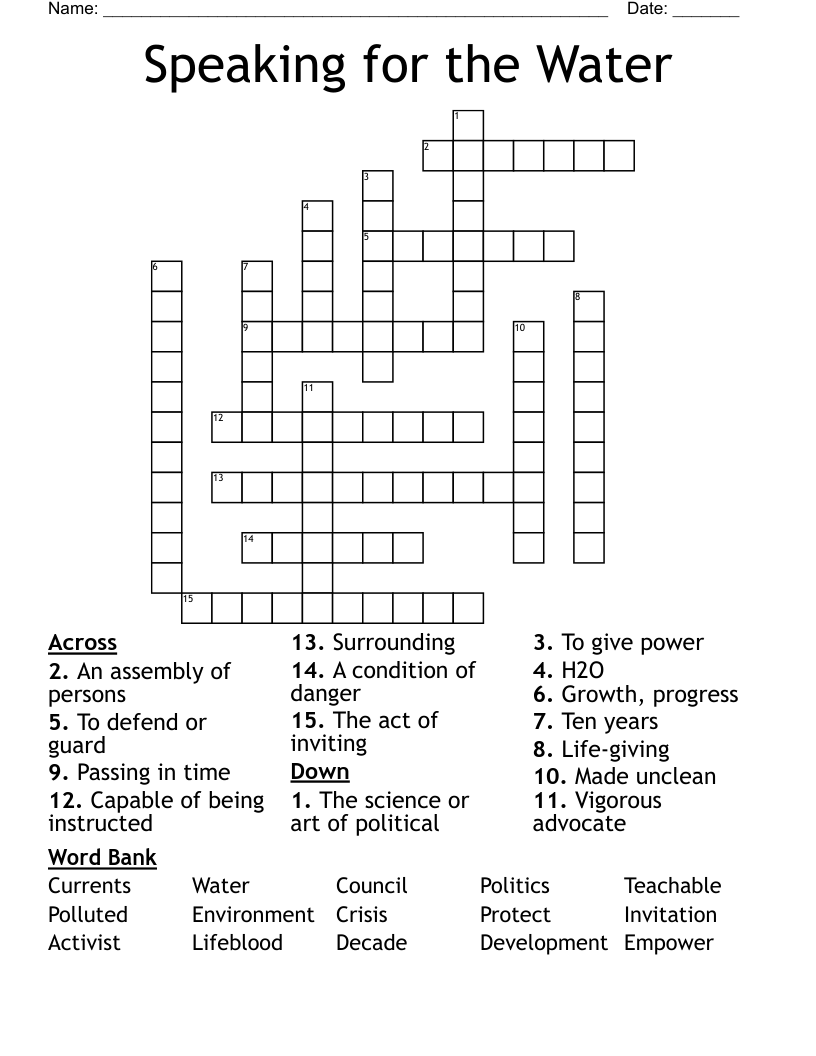 Speaking for the Water Crossword