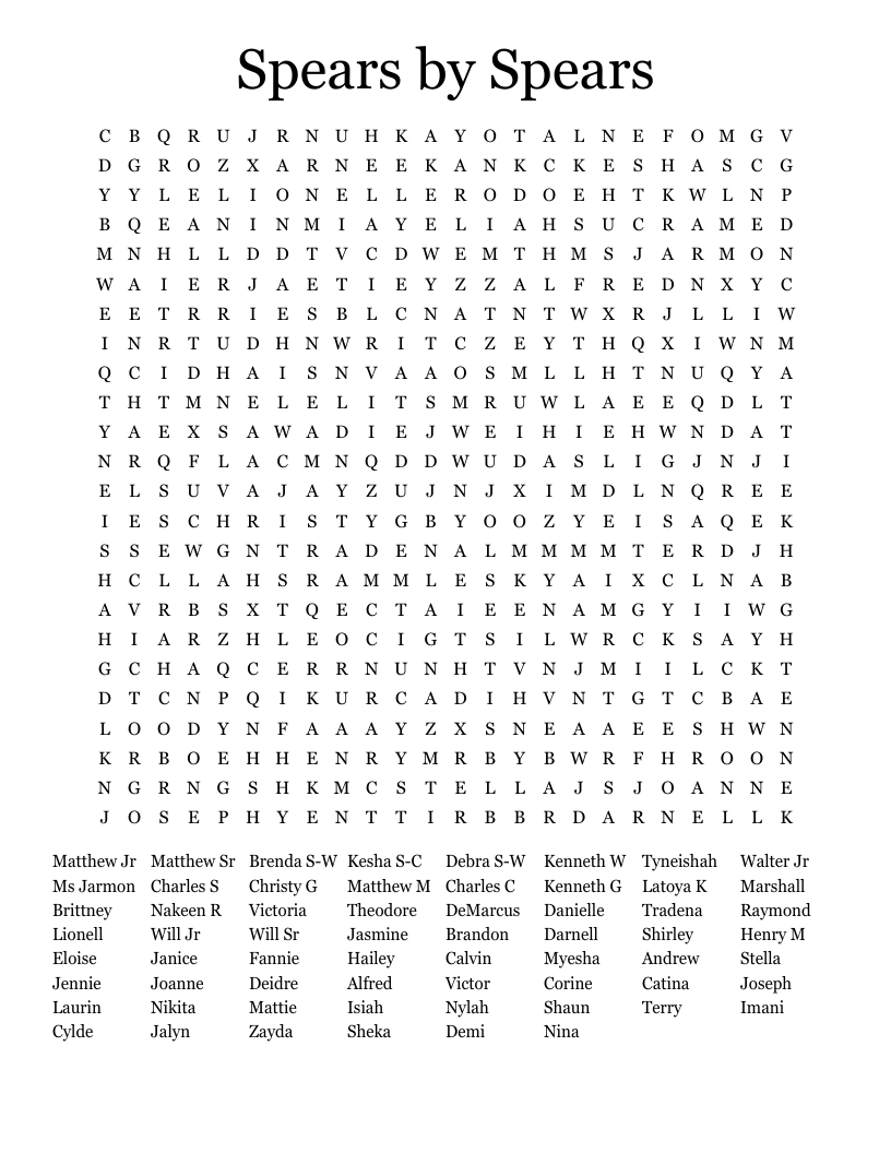 Spears by Spears Word Search