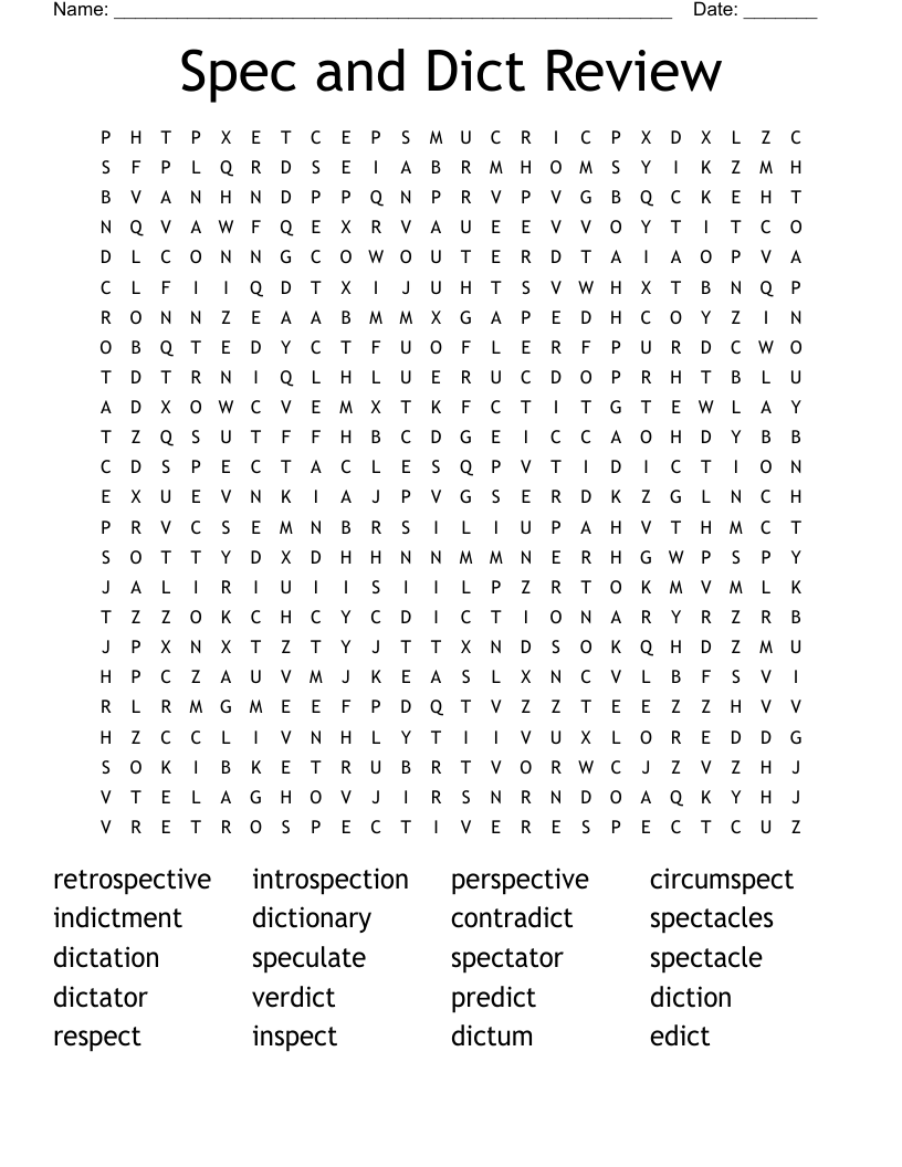 Spec and Dict Review Word Search