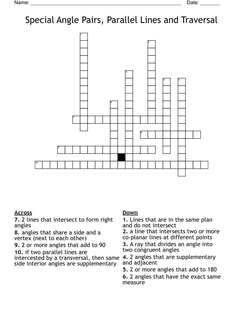 Special Angle Pairs, Parallel Lines and Traversal Crossword