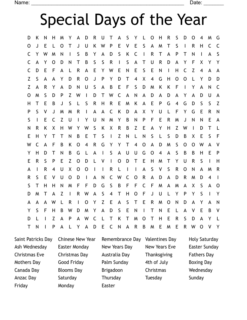 Special Days of the Year Word Search