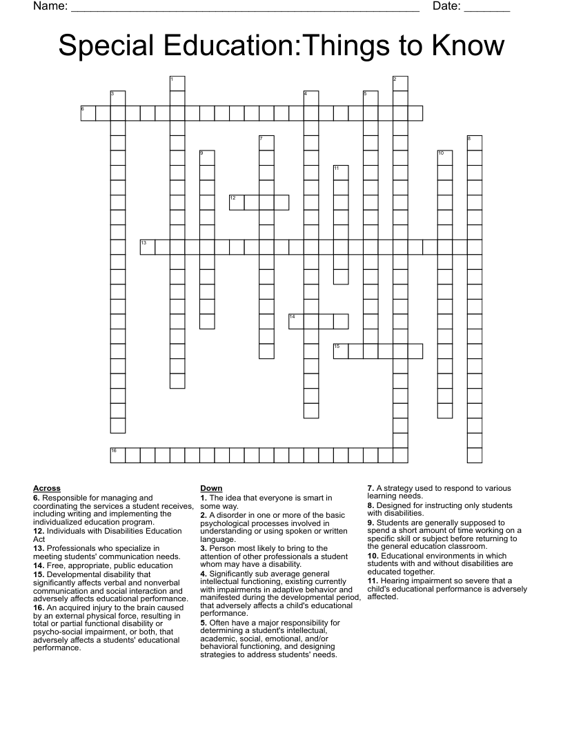 Special Education:Things to Know Crossword