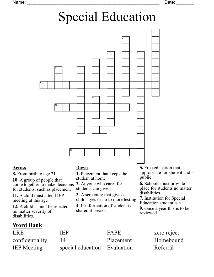 Special Education Crossword