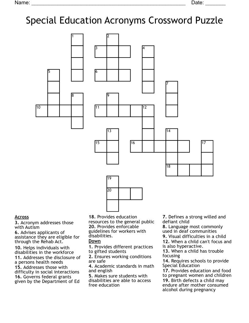 Special Education Acronyms Crossword Puzzle