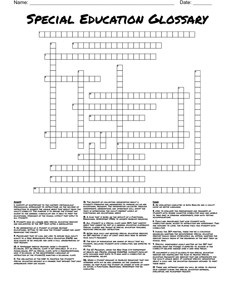 Special Education Glossary  Crossword
