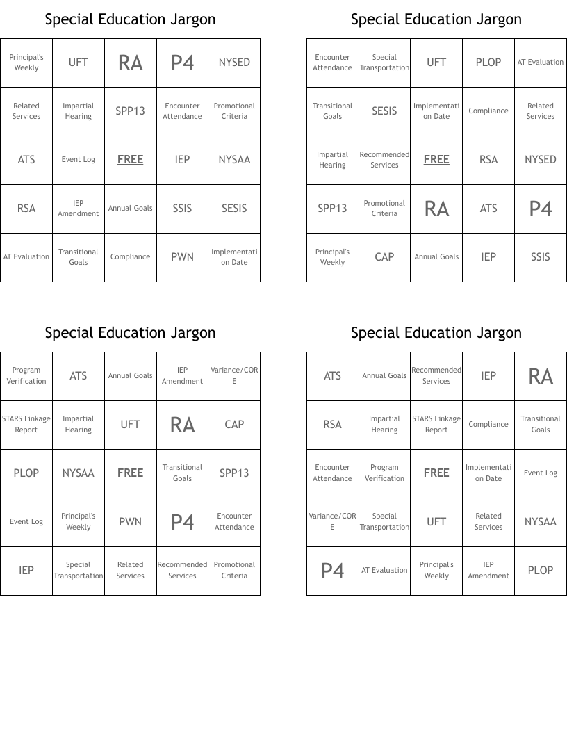 Special Education Jargon Bingo Cards