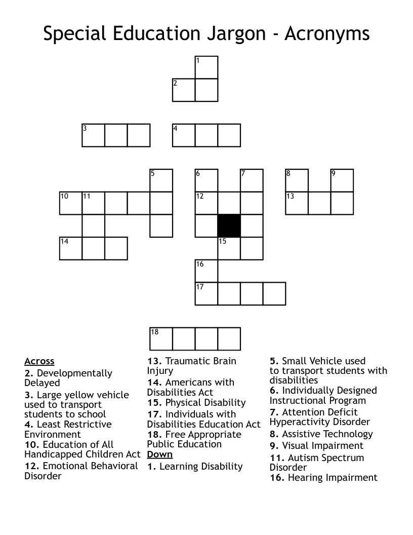 Special Education Jargon - Acronyms Crossword