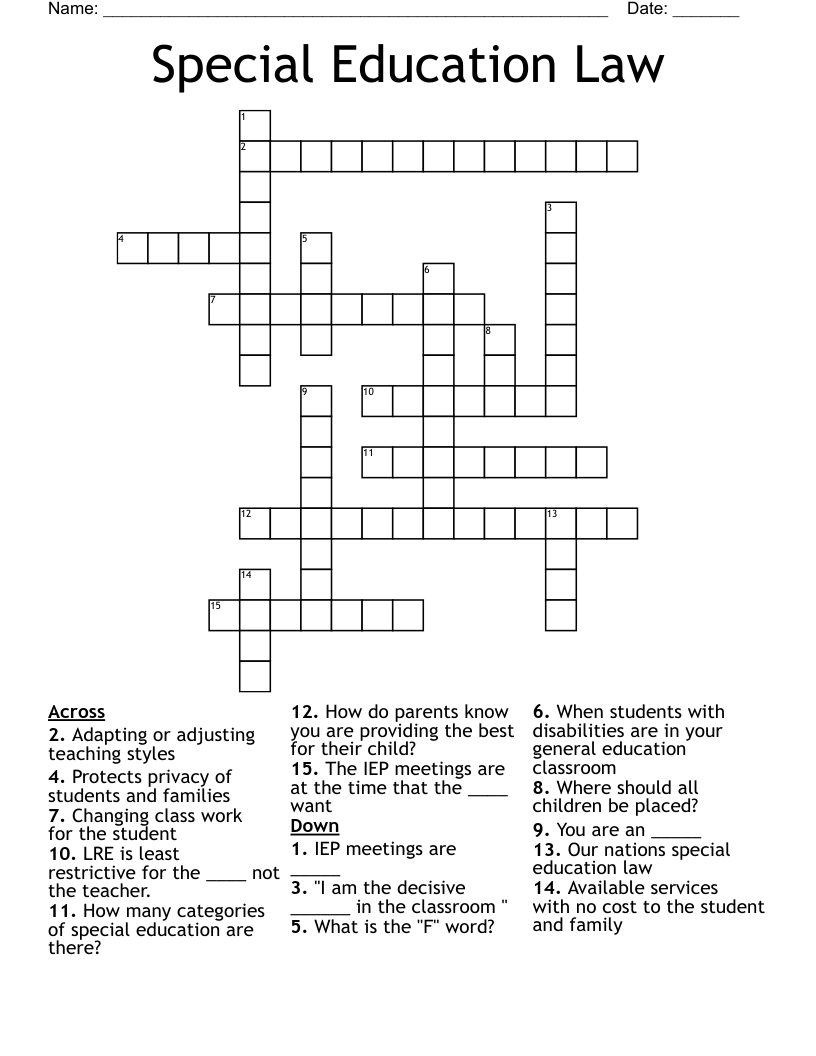 Special Education Law  Crossword