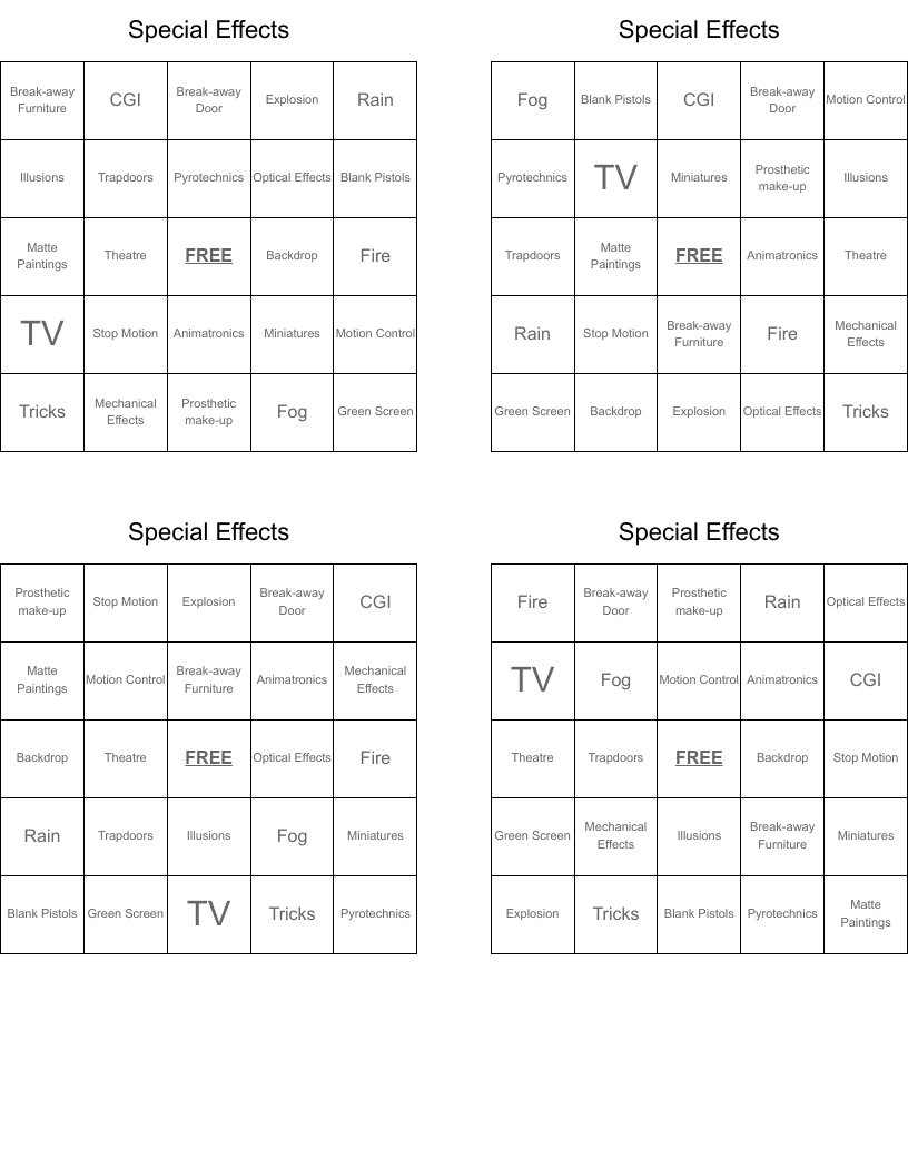 Special Effects Bingo Cards