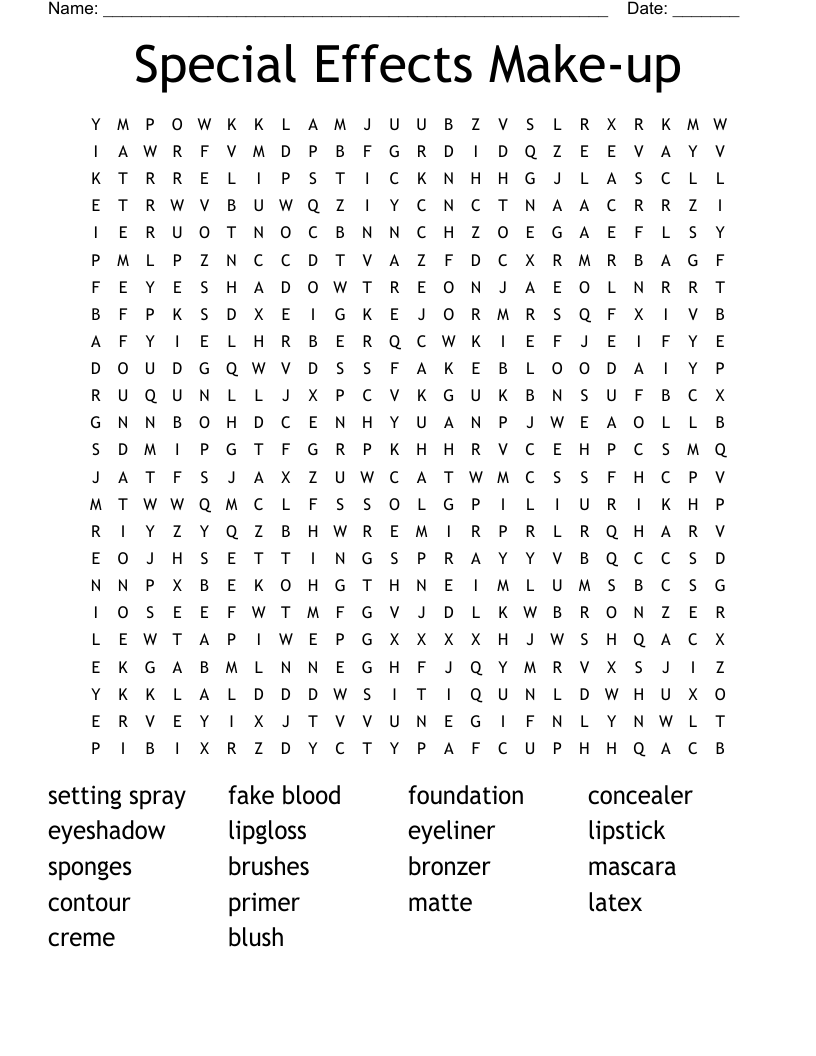 Special Effects Make-up Word Search