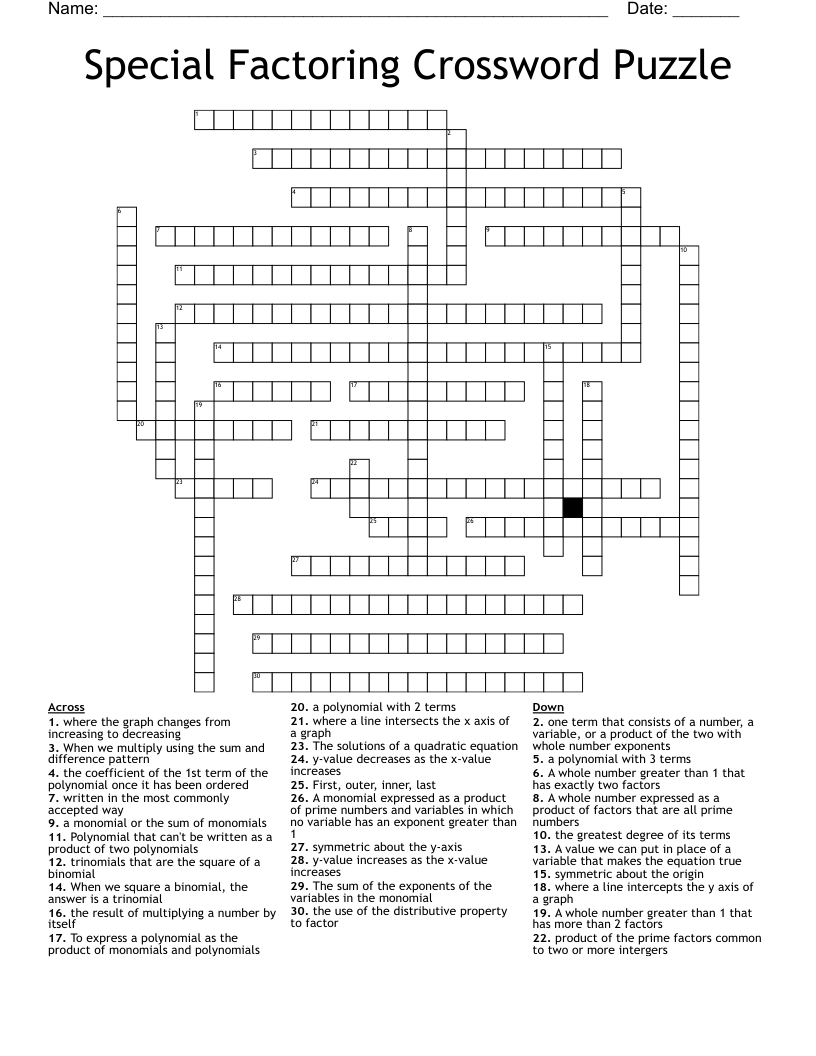 Special Factoring Crossword Puzzle