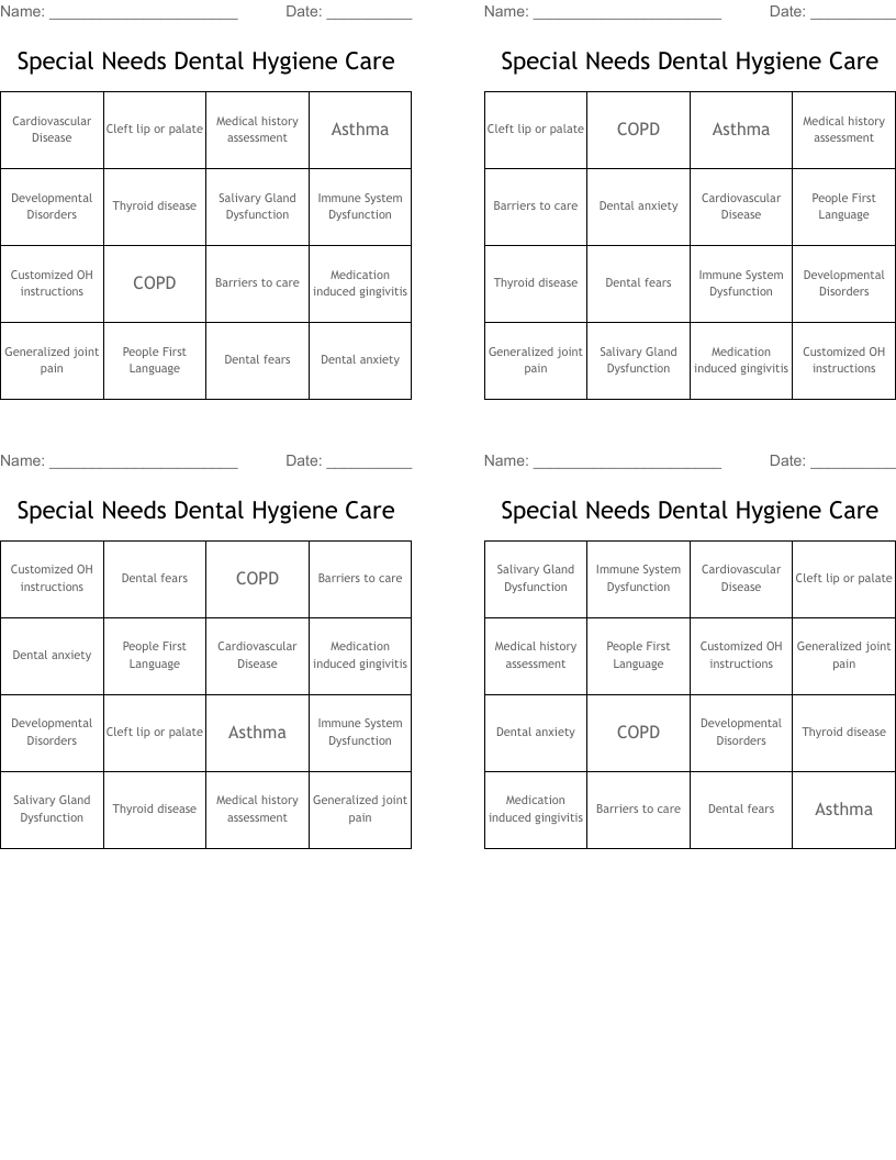 Special Needs Dental Hygiene Care Bingo Cards