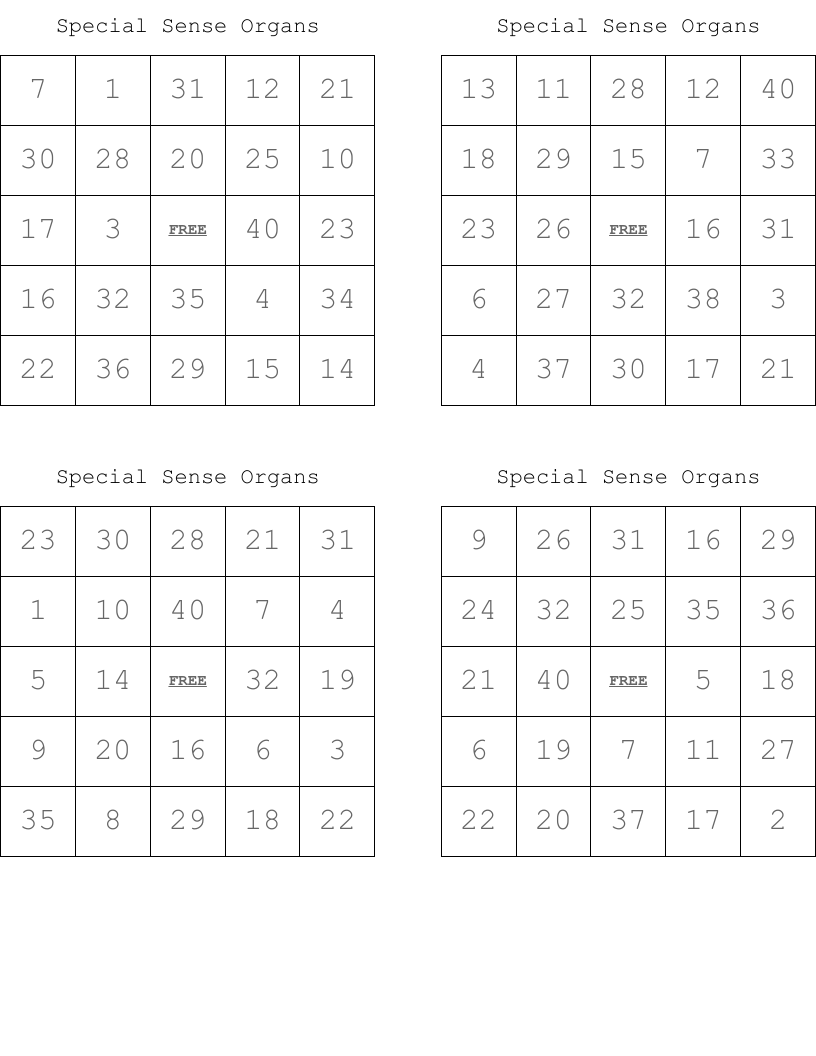 Special Sense Organs Bingo Cards