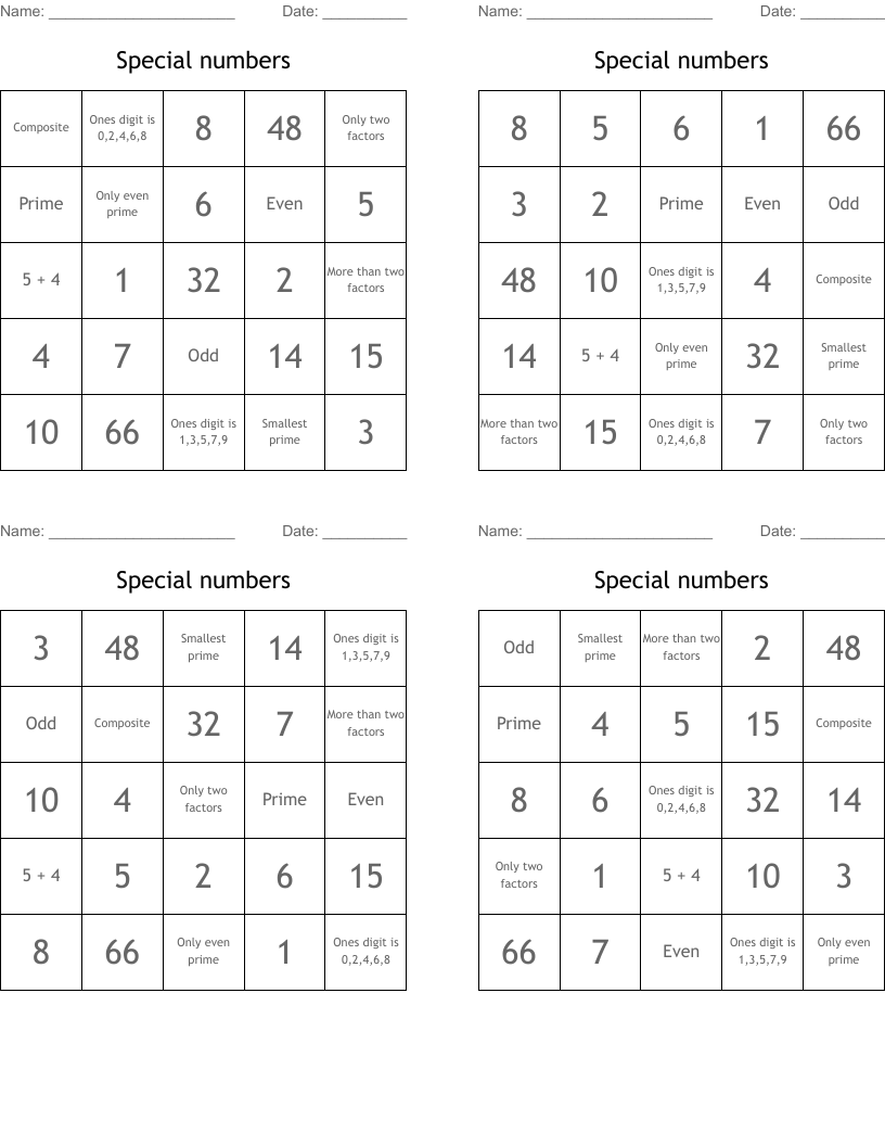Special numbers Bingo Cards