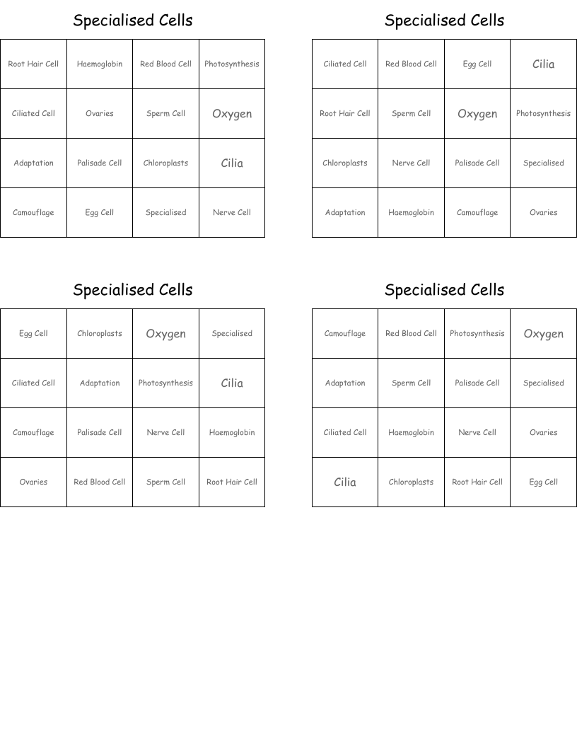 Specialised Cells Bingo Cards