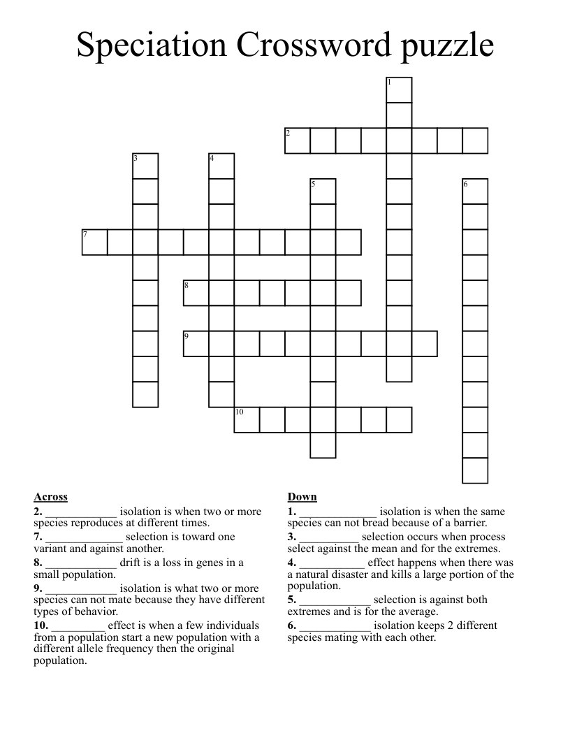 Speciation Crossword puzzle 