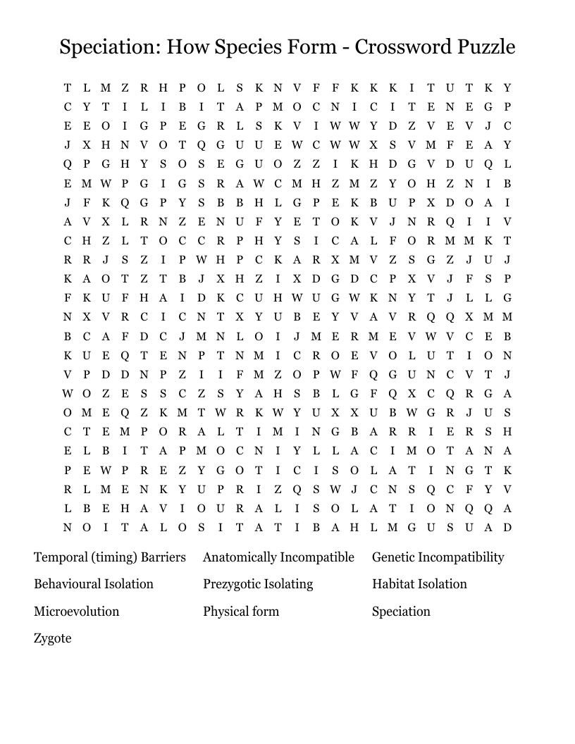 Speciation: How Species Form - Crossword Puzzle Word Search