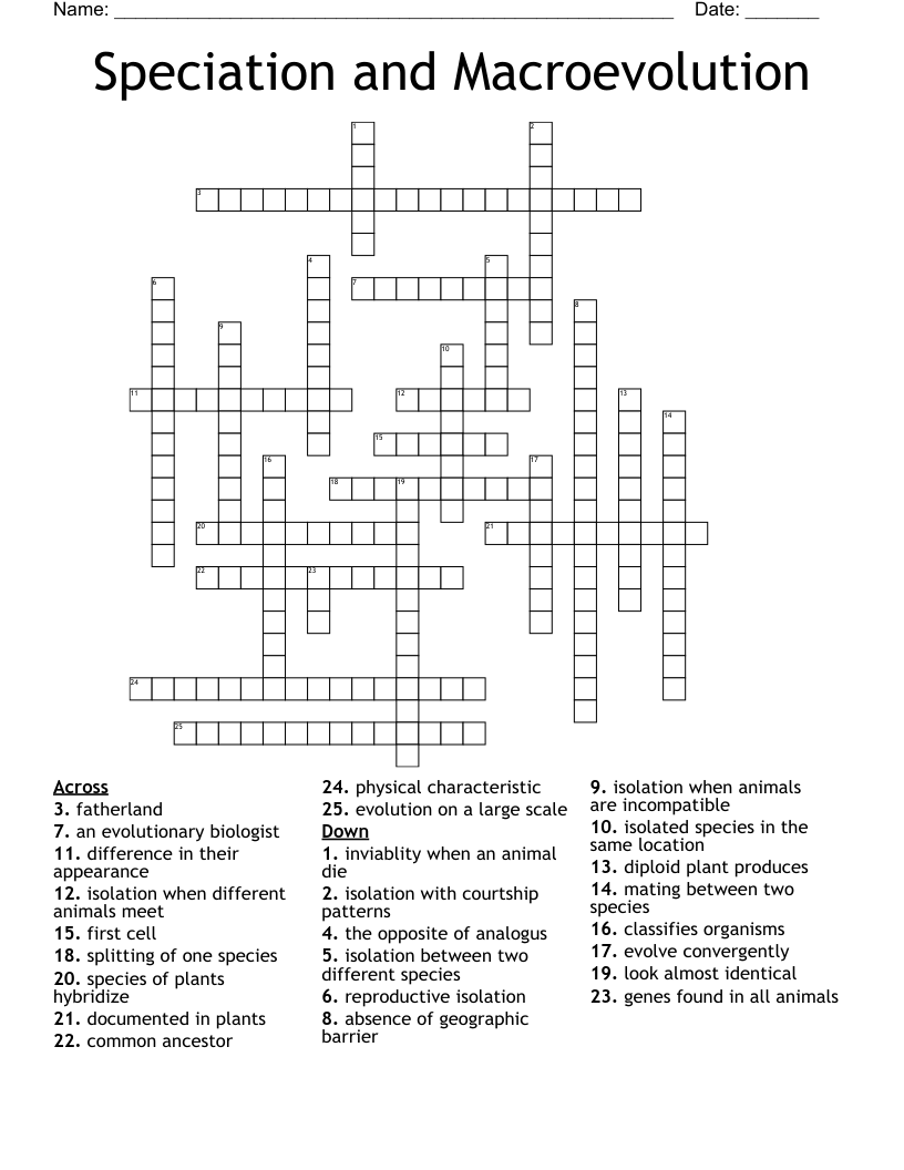 Speciation and Macroevolution Crossword