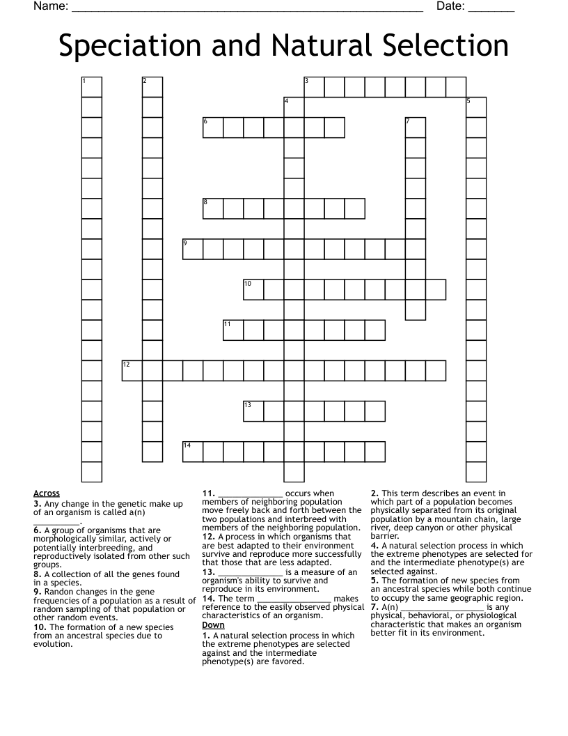 Speciation and Natural Selection Crossword
