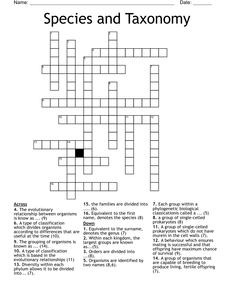 Species and Taxonomy Crossword