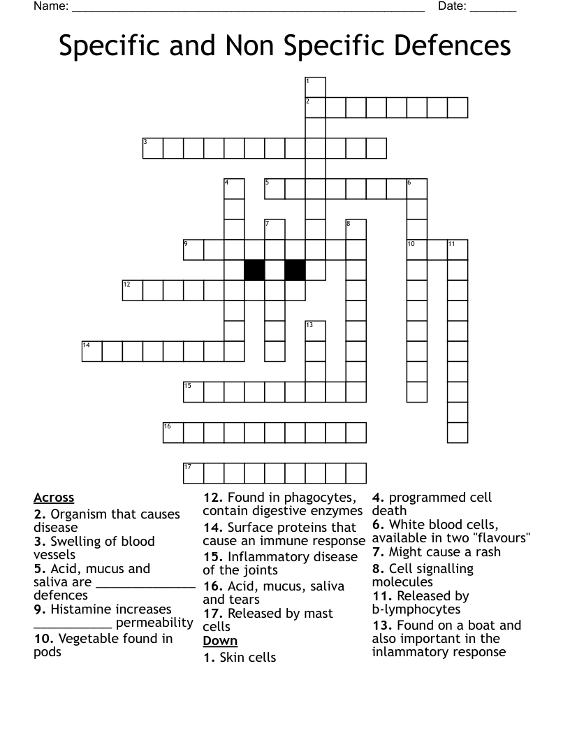 Specific and Non Specific Defences Crossword