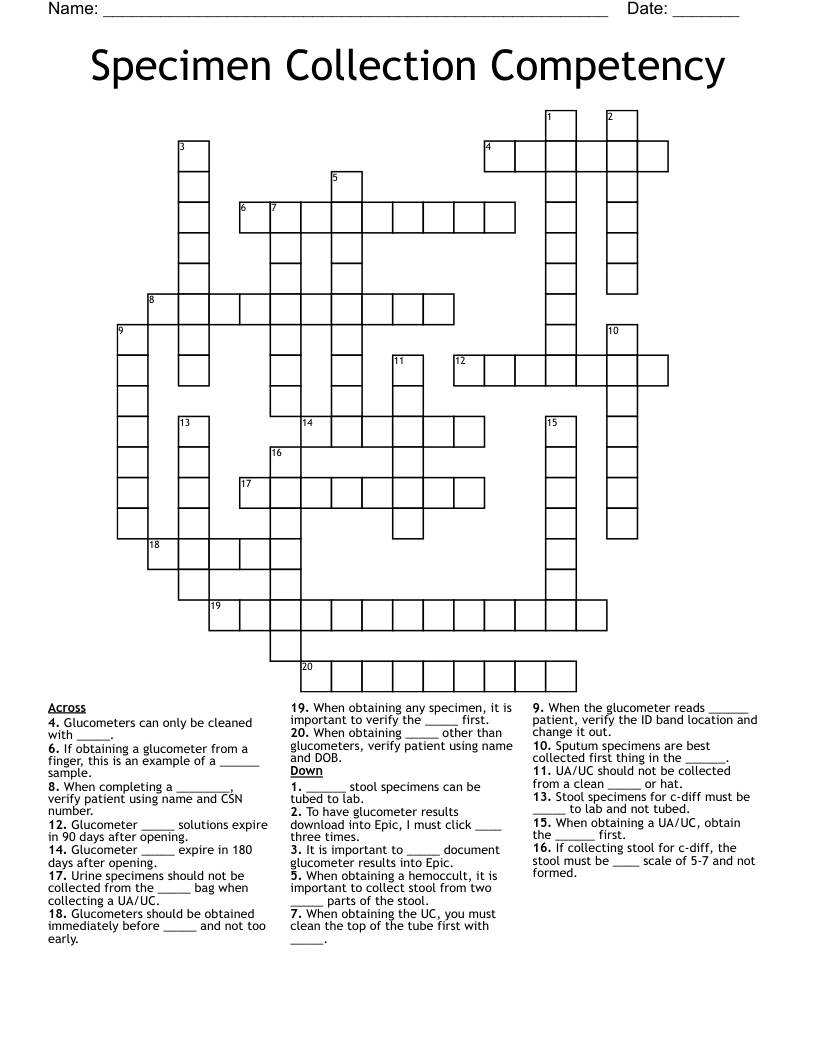 Specimen Collection Competency  Crossword