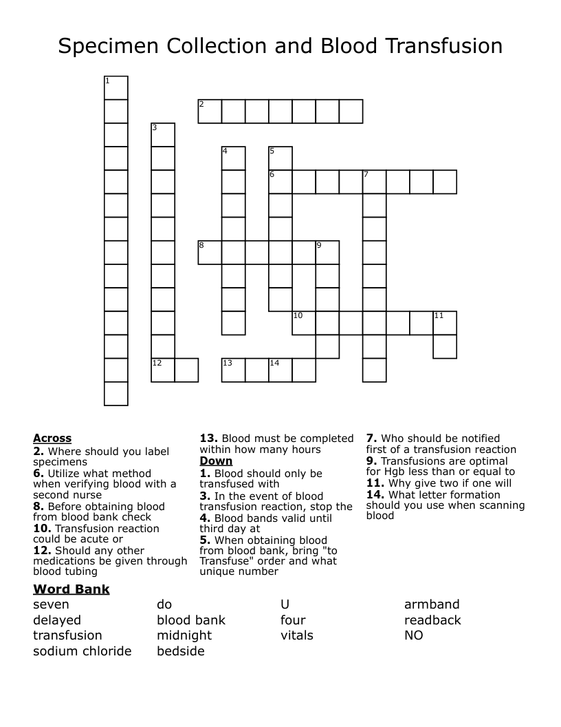 Specimen Collection and Blood Transfusion Crossword