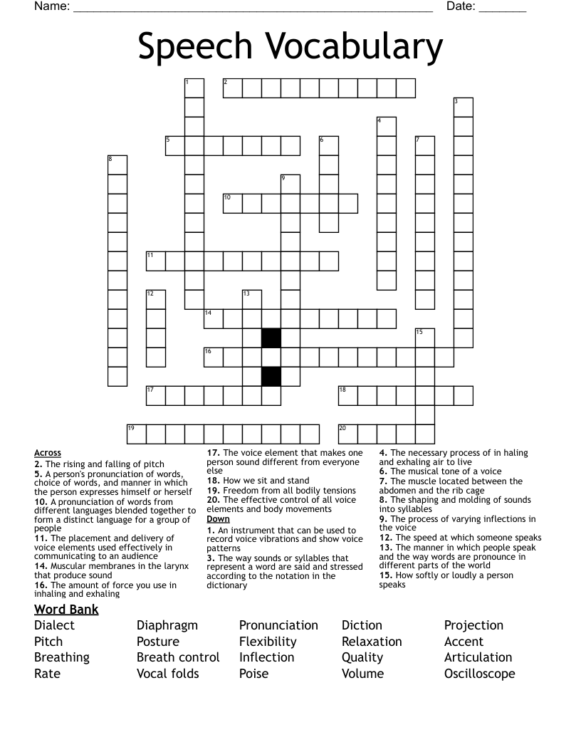 Speech Vocabulary Crossword