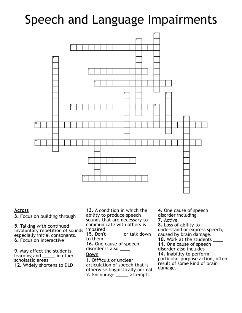 Speech and Language Impairments Crossword