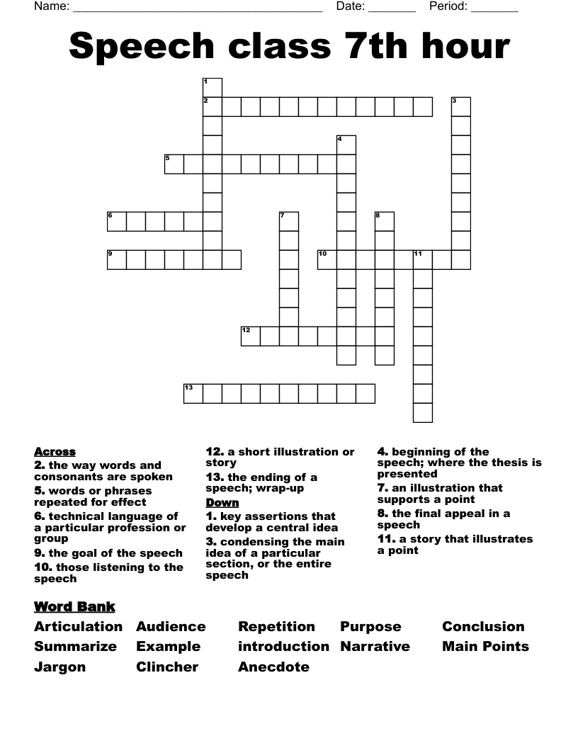 Speech class 7th hour Crossword