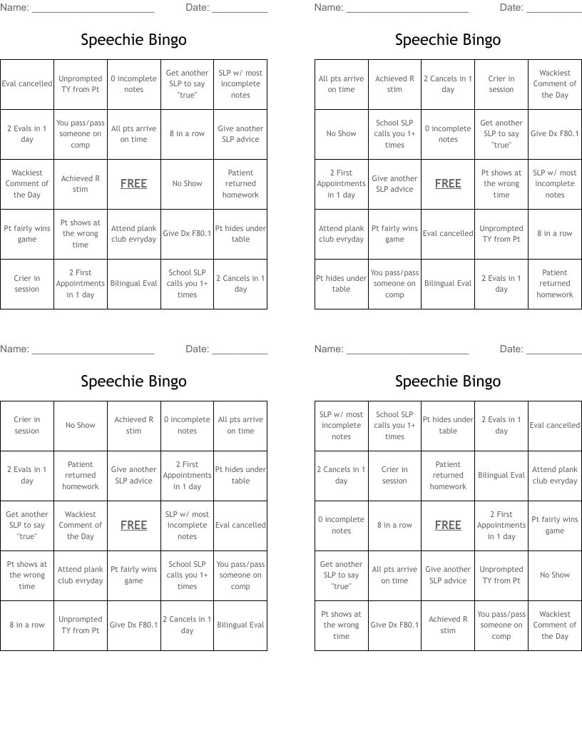 Speechie Bingo