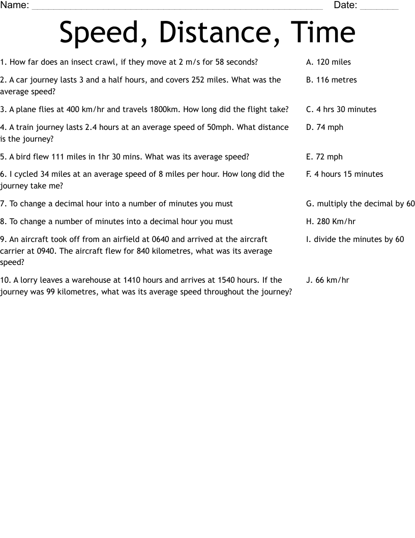 Speed, Distance, Time Worksheet