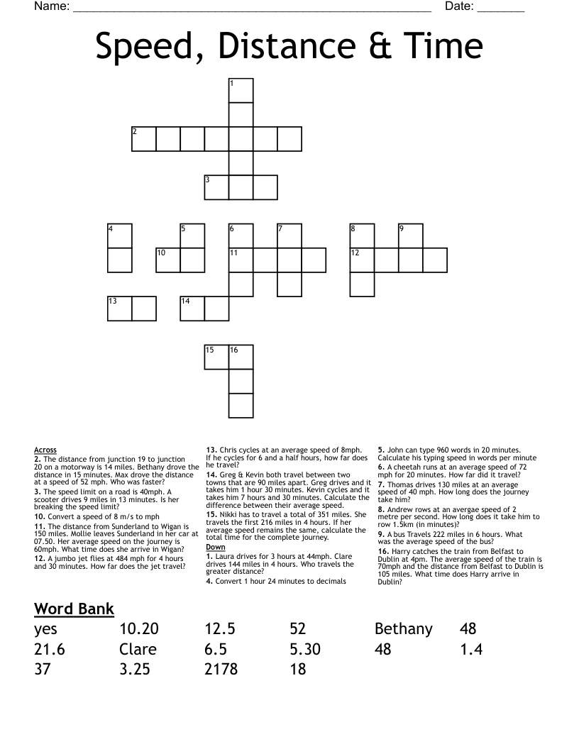 Speed, Distance & Time Crossword