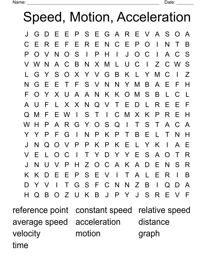 Speed, Motion, Acceleration Word Search