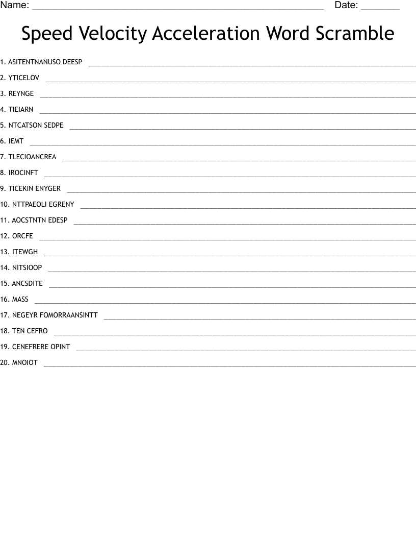 Speed Velocity Acceleration Word Scramble