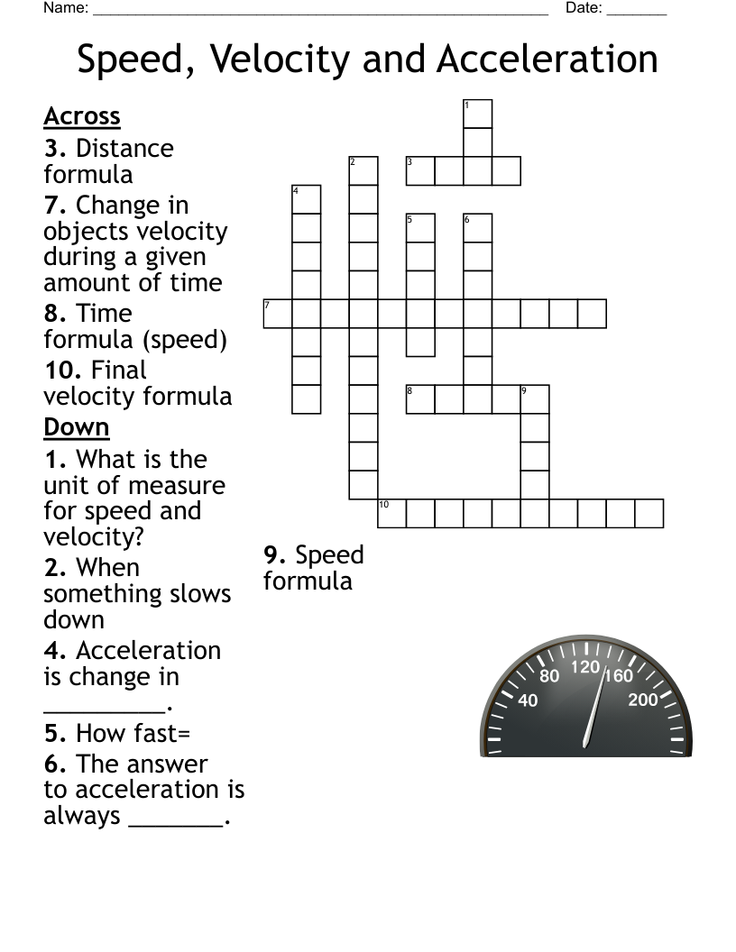 Speed, Velocity and Acceleration Crossword
