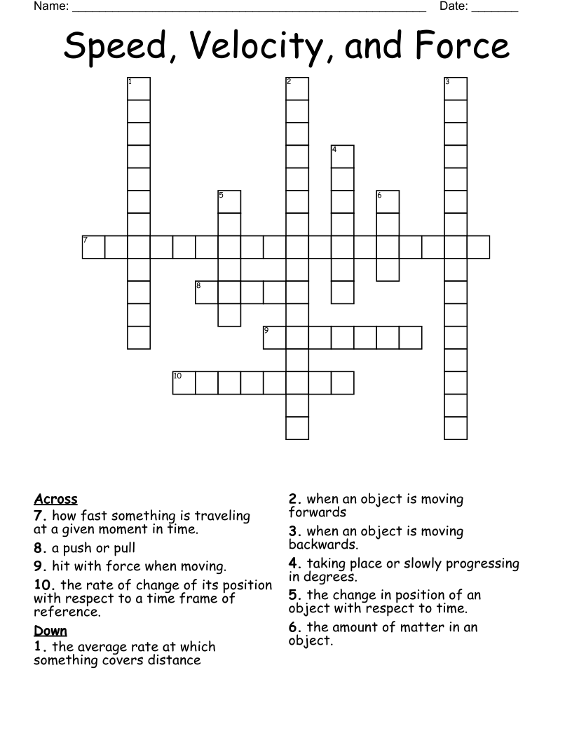 Speed, Velocity, and Force Crossword