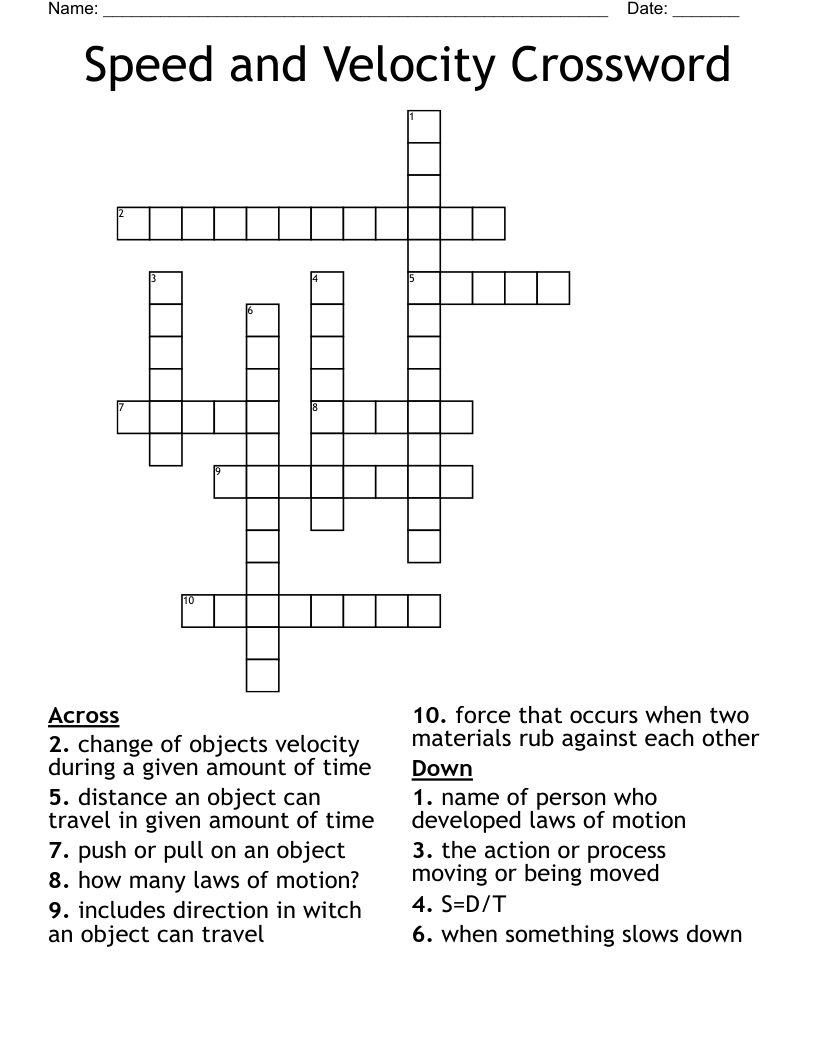 Speed and Velocity Crossword