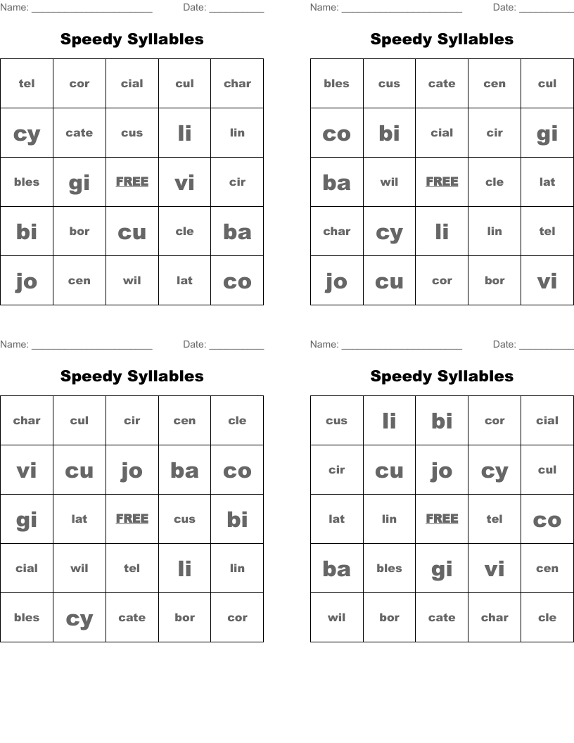 Speedy Syllables Bingo Cards