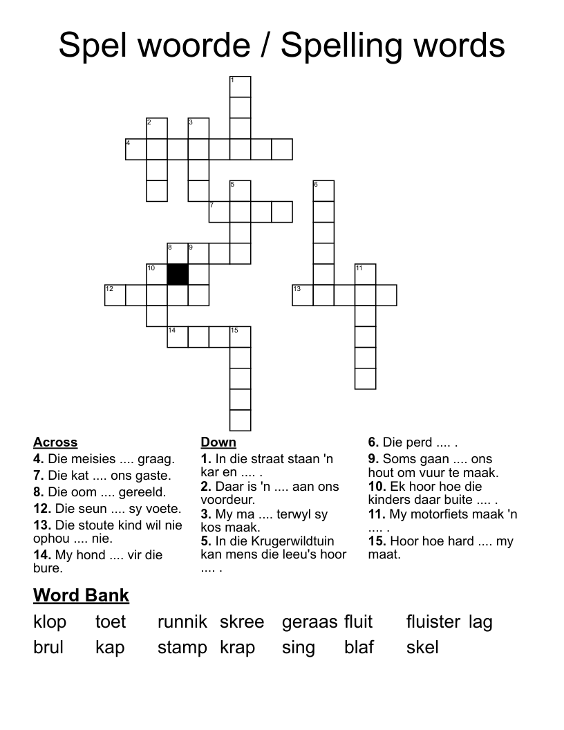 Spel woorde / Spelling words Crossword