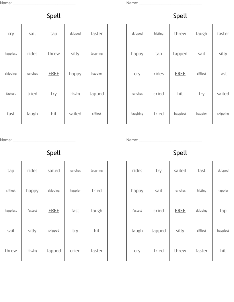 Spell Bingo Cards