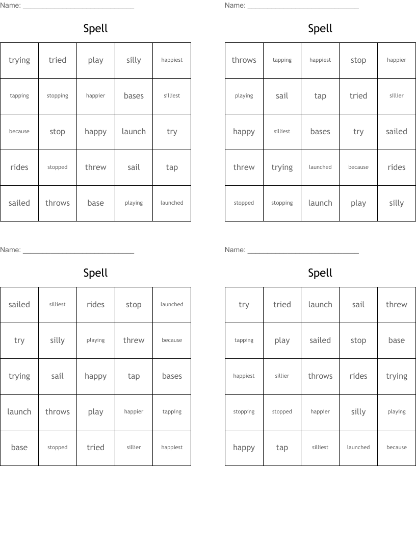 Spell Bingo Cards